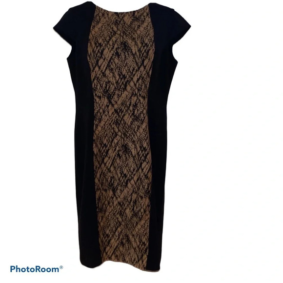 Jones New York Black tan Middle print stretch Jersey knit Midi dress  Sz 10 - Picture 12 of 12